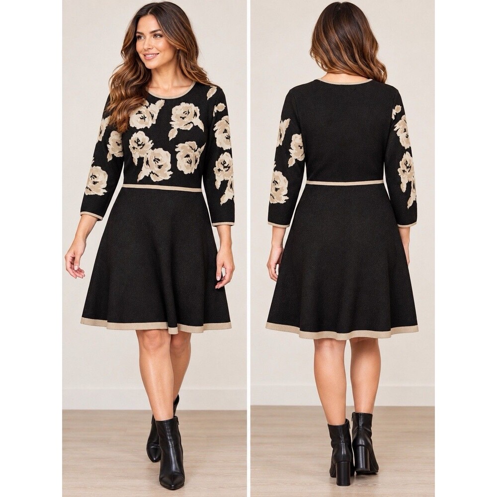 Jessica Howard Women’s Petite PL Black Floral Knit Fit & Flare Sweater Dress